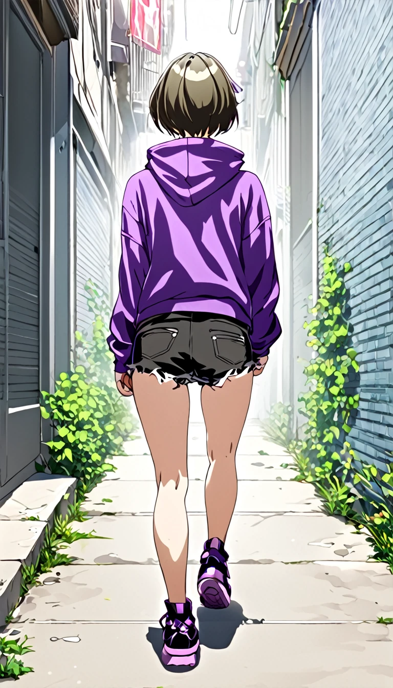 A filthy girl , With short hair it's black,  dressed in purple sweatshirt short shorts, rebellious style,  walking down the sidewalk . back view 