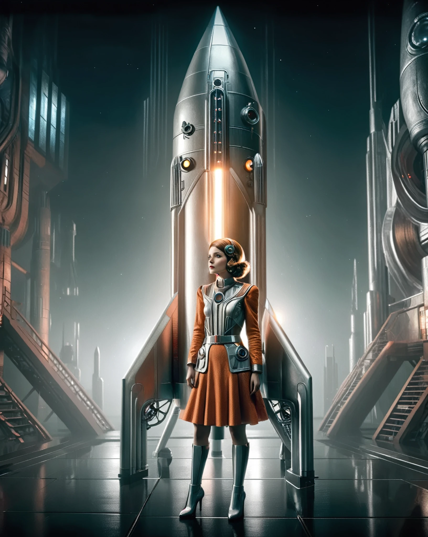 1 girl, retro-futuristic rocket, space, sci-fi, highly detailed, award winning, hyperrealistic, 8K, photorealistic, volumetric lighting, cinematic composition, dramatic lighting, vibrant colors, intricate details, elegant pose, mesmerizing atmosphere, sense of wonder and adventure, captivating storytelling