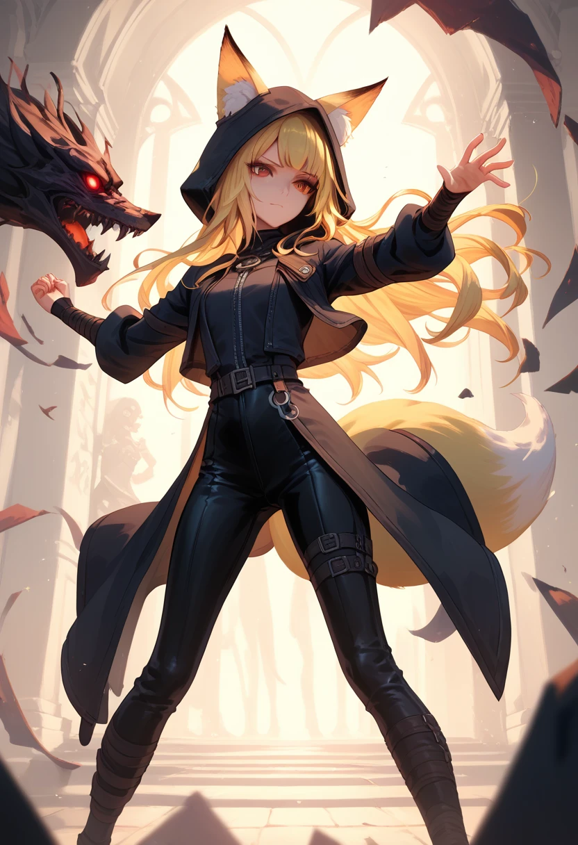 the museum , thief girl , hood,  yellow hair is fighting,  long hair , fox girl , fox ears, , cute, rpg, mucus,  Smooth leather ,     erotic pose,   High School of the Dead , 4K, 