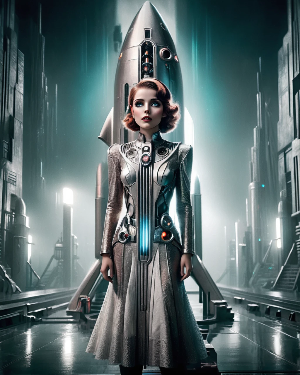 1 girl,retro-futuristic rocket,space,sci-fi,detailed facial features,beautiful detailed eyes,beautiful detailed lips,extremely detailed eyes and face,longeyelashes,cinematic lighting,dramatic atmosphere,dynamic pose,ethereal,glowing energy,vibrant colors,neon hues,volumetric lighting,cinematic framing,photorealistic,8k,masterpiece