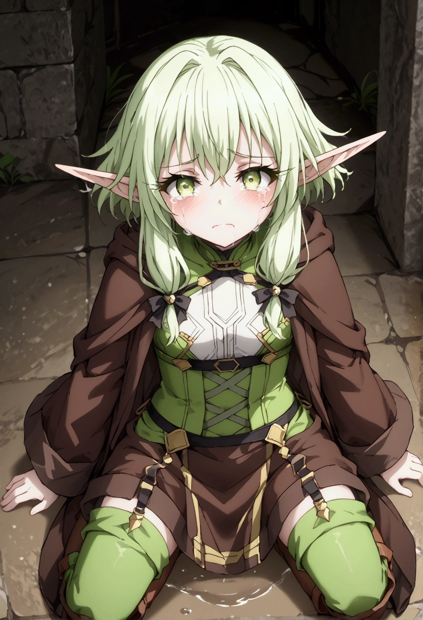  High image quality 、masterpiece、 high quality、Full HD、4K、 View from above 、Put your hands on the ground 、 Green Shortcut 、 Green Eyes 、Elf Ears、  Removes eye highlights 、 Darkens the inside of the eye  、White tops、Green corset 、Brown Robe 、 Black Garter Belt 、Green Stockings、Brown boots、trembling、Scream、Feelings of despair、Frightened、Crying face、tears、 Puddle on the Ground 、Ruins