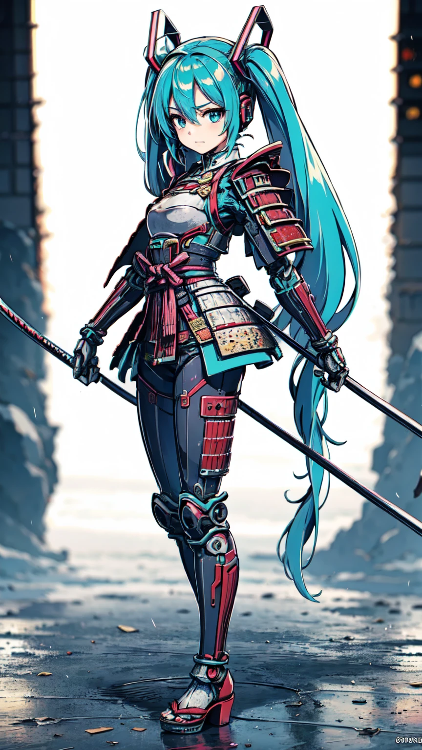 Adult female,  Hatsune Miku, Dignified face, (( Japanese Armor )),  Cyberpunk,  High Heels , masterpiece, Best Quality, super detailed, Dignified face,  Anime Visual Effects ,  Heavy Cybernetic Leotard, SF,  good _ face: 0.8