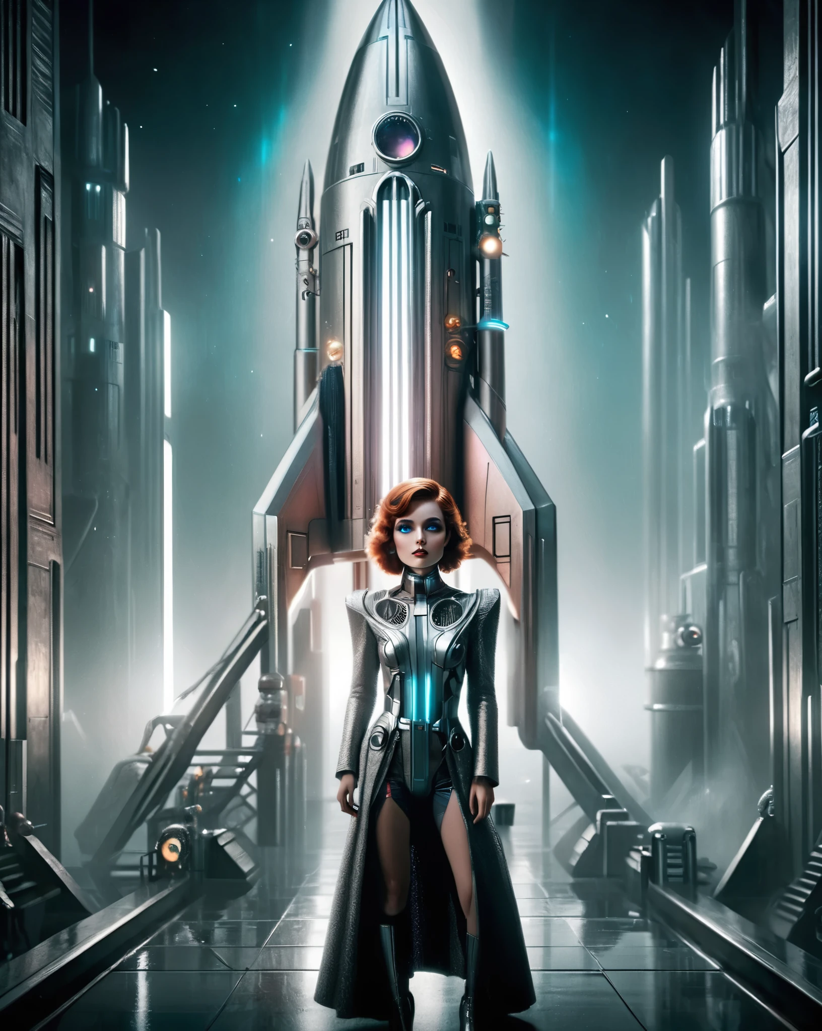 1 girl,retro-futuristic rocket,space,sci-fi,detailed facial features,beautiful detailed eyes,beautiful detailed lips,extremely detailed eyes and face,longeyelashes,cinematic lighting,dramatic atmosphere,dynamic pose,ethereal,glowing energy,vibrant colors,neon hues,volumetric lighting,cinematic framing,photorealistic,8k,masterpiece