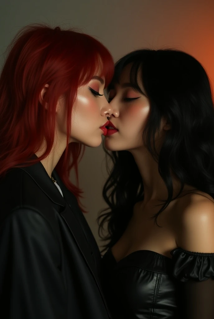 Woman with straight dark red hair and white skin , kissing brown-skinned Korean woman with straight black hair in a dark moonlit room