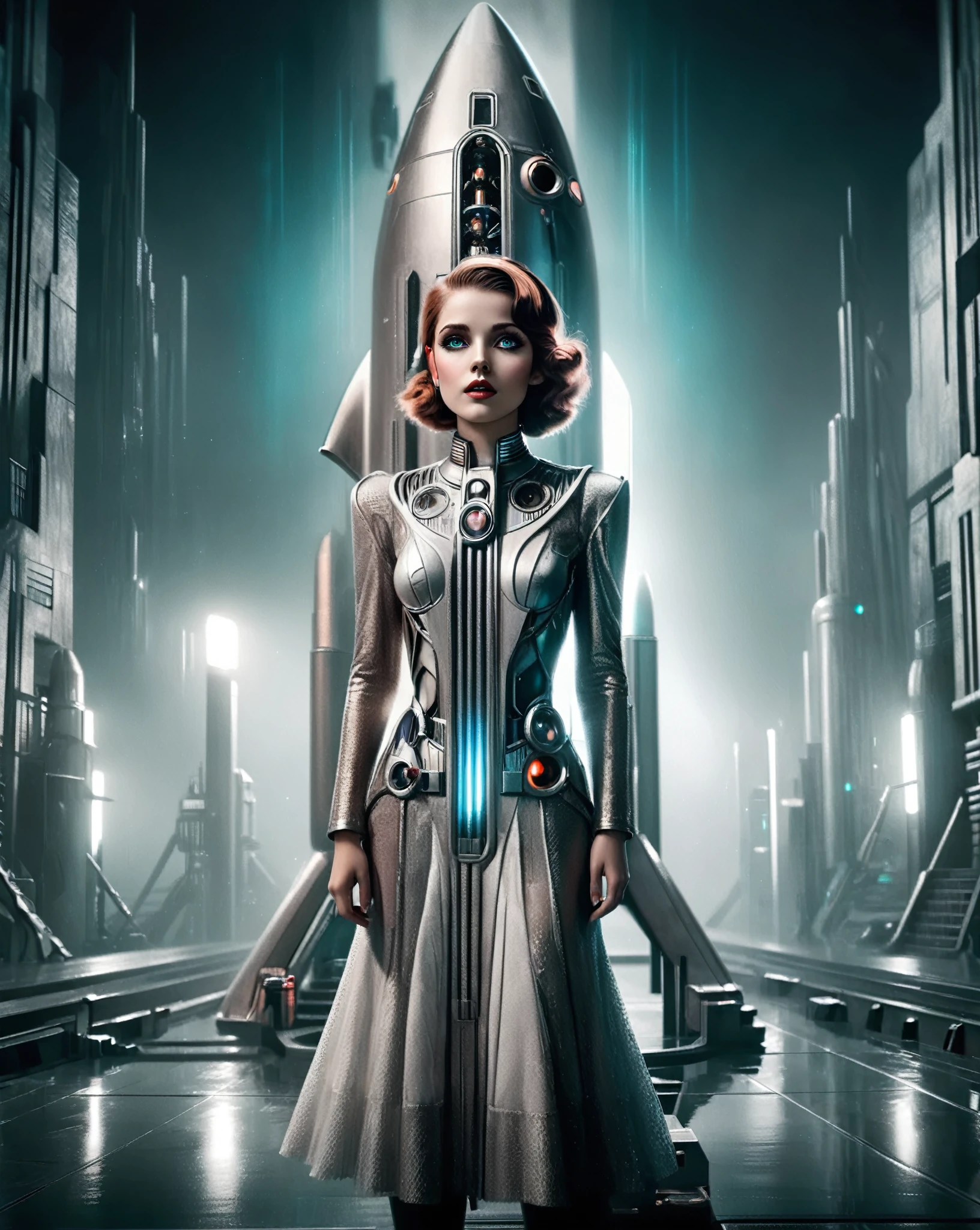 1 girl,retro-futuristic rocket,space,sci-fi,detailed facial features,beautiful detailed eyes,beautiful detailed lips,extremely detailed eyes and face,longeyelashes,cinematic lighting,dramatic atmosphere,dynamic pose,ethereal,glowing energy,vibrant colors,neon hues,volumetric lighting,cinematic framing,photorealistic,8k,masterpiece