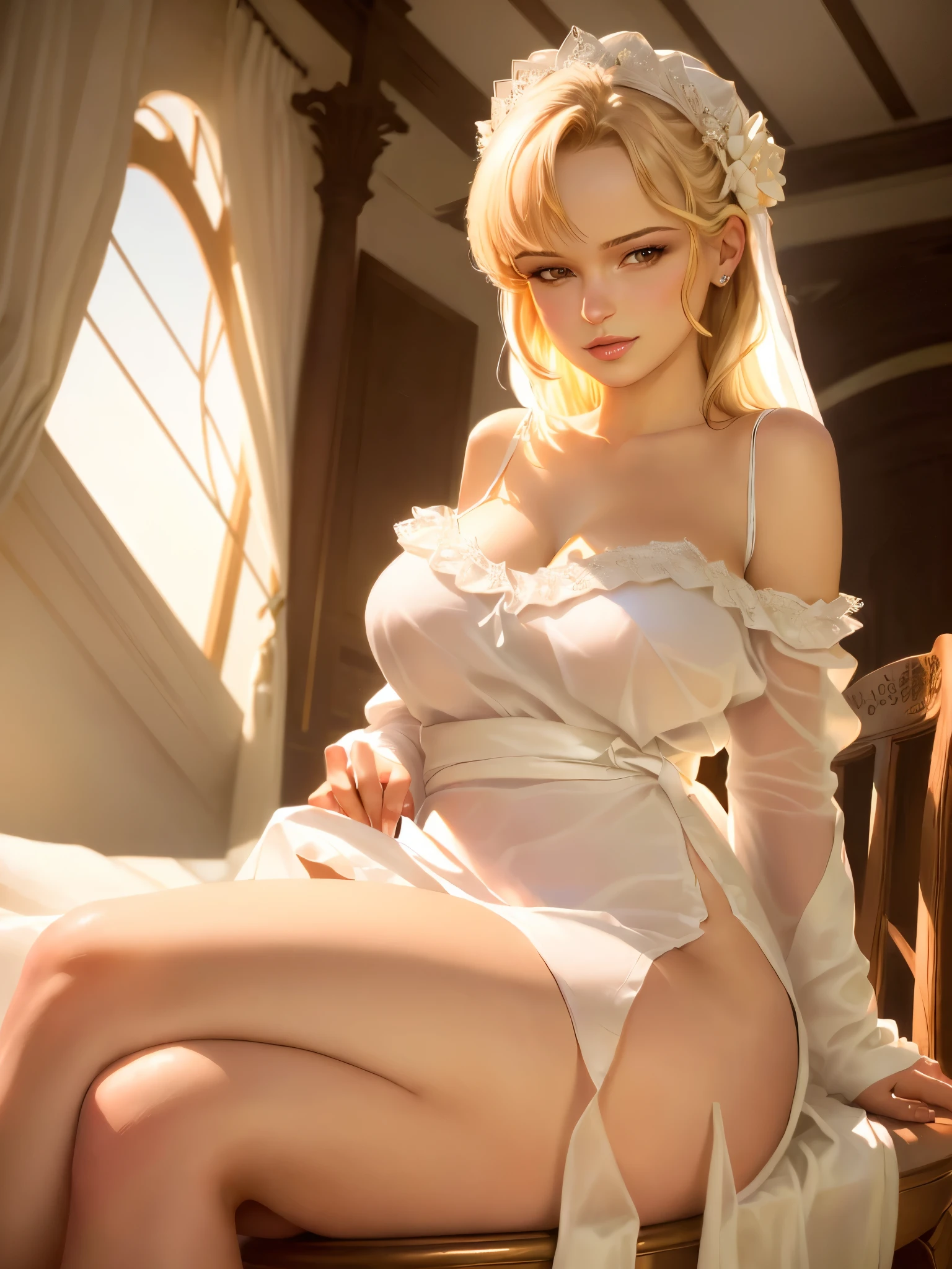blonde woman in white dress sitting on bed holding a glass of wine, Gwen Stacy, Emma Frost, cosplay glamouroso, amoranto, leeloo, inspired by Vincent Lefèvre, Tatsumaki de um homem de soco, cosplay completo, Ilya Kuvshinov e Artgerm, Faye Valentine, do cowboy Bebop, roupa leeloo