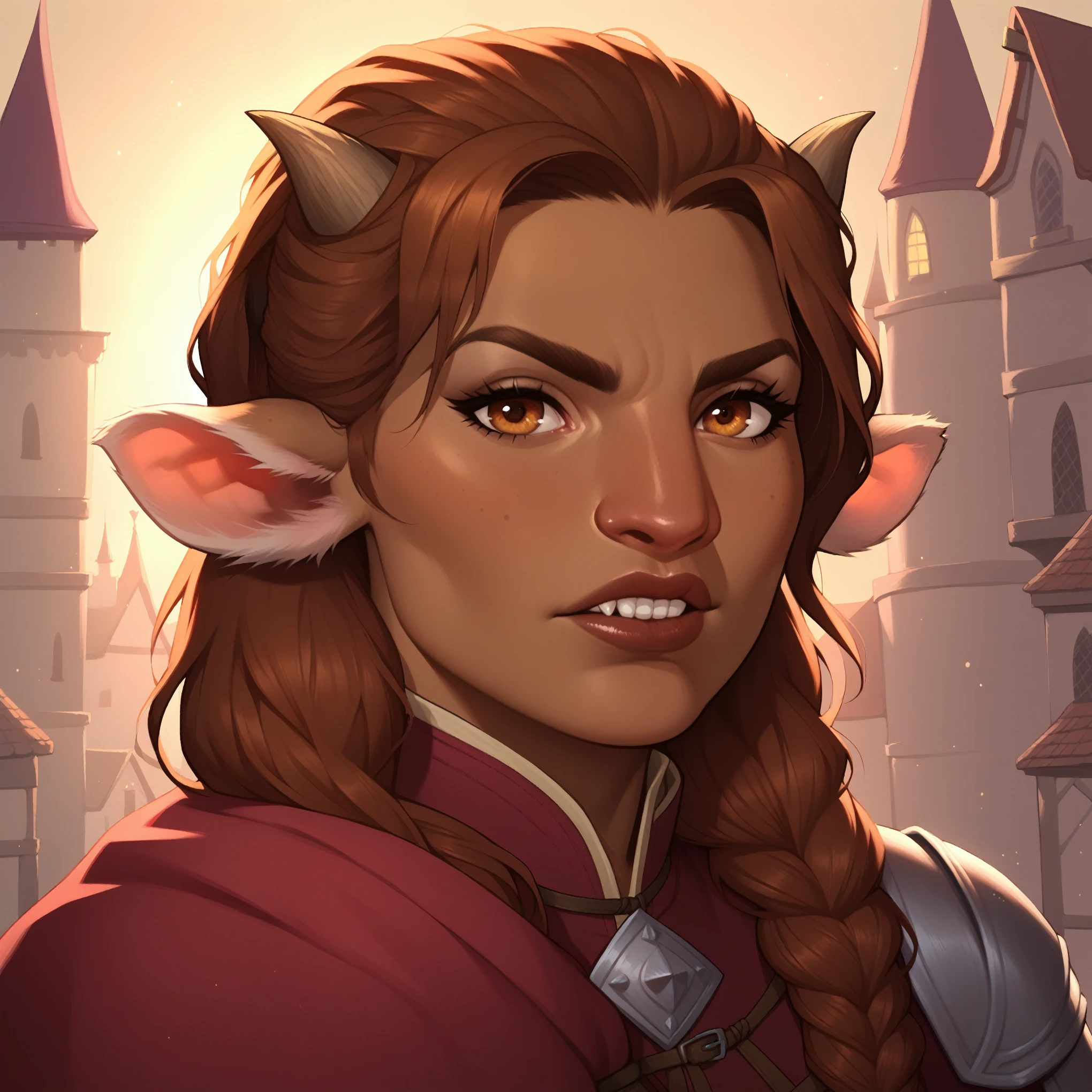 (((beautiful, high quality, comics style, detailed face))), score_9, score_8_up, score_7_up, BREAK, 1girl, Firbolg, furry, big nose, animal ears, small horns, brown skin, solo, portrait, upper body, portrait, serious expression, bearing teeth, medieval city background, fantasy, (dynamic lighting:1.1) ((masterpiece))