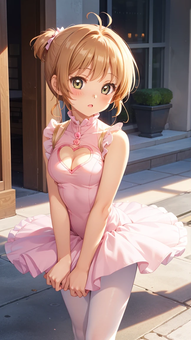 masterpiece, best quality, highres, 1girl, detailed face, blush, anime CG style, (medium breasts), (18 year old girl:1.3), (aged up), good lighting, perfect body, sakura kinomoto, glossy lips, heart cutout, cleavage cutout, clothing cutout, ballerina, tutu, white pantyhosr