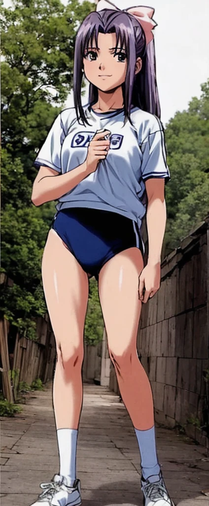 Momoko Koigakubo, who is tall and has beautiful legs, is standing with her legs spread to the side and her mouth open, wearing white gym clothes and light blue panty-shaped bloomers.。Doing Comanechi pose。blush。