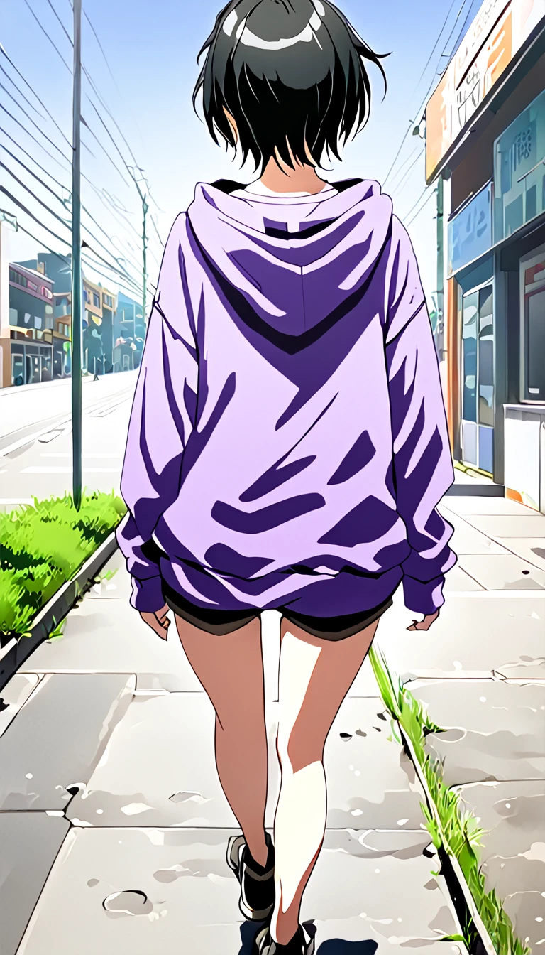 A dirty girl  ,  with short black hair ,  purple sweatshirt dress short shorts, rebellious style,   walking down the sidewalk  .  Back view 