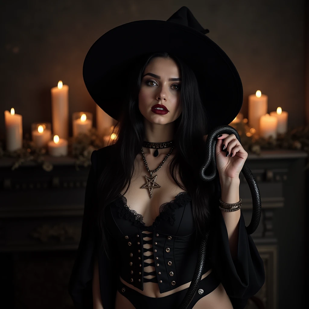 Masterpiece, 1girl, witch, ultra life-like detail, best quality, full body, Sultry, slender, Pagan tattoos, pagan makeup, green eyes, ornate, black cat, feathers, piercings, astrology, sacred geometry, magic circles, candles, scrolls, books, blood, diffractions, reflections, dust, fog, witchhat