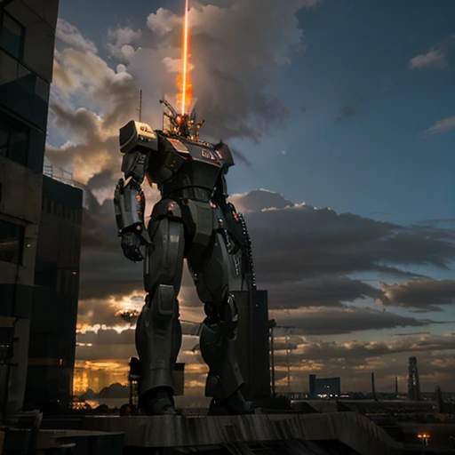 sky, cloud, holding_weapon, no_humans, glowing, , robot, building, glowing_eyes, mecha, science_fiction, city, realistic,mecha