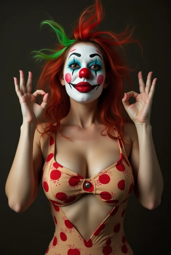 Arms up sweaty pits clown girl scary naked girl big breast realistic details photo ahegao girl detailed armpit wrinkles detailed quality