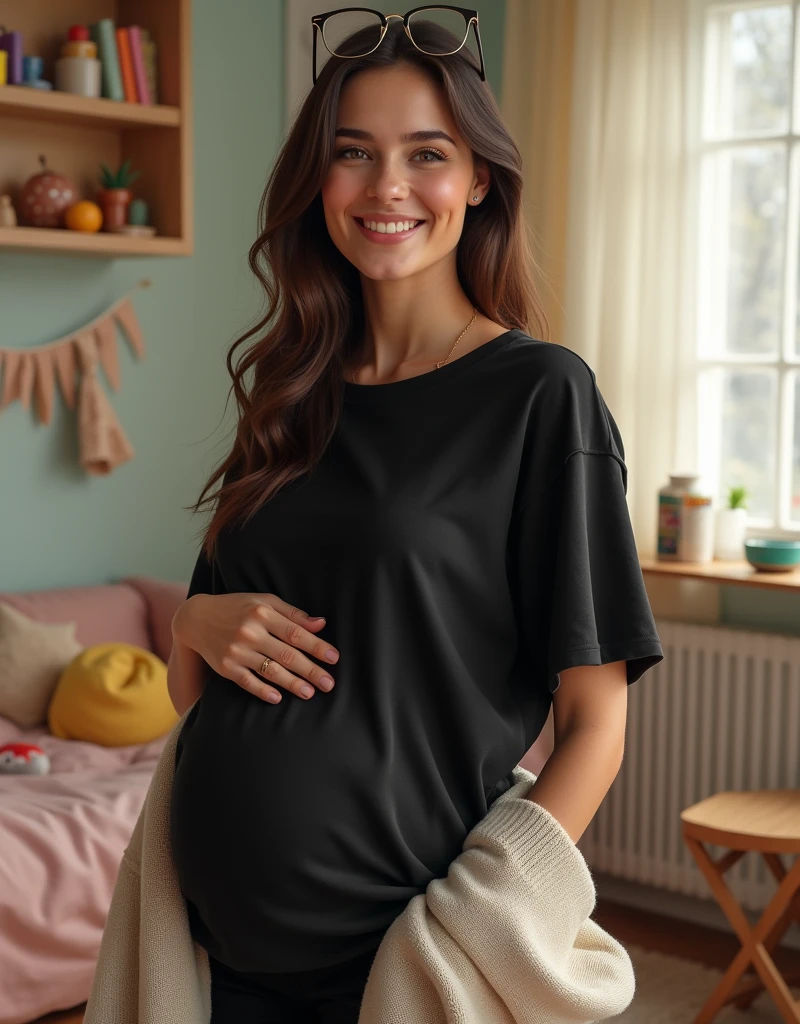 1girl. Tan skin, freckles on nose, freckles on cheeks, dark brown hair, wavy hair, pregnant, sweater, Christmas