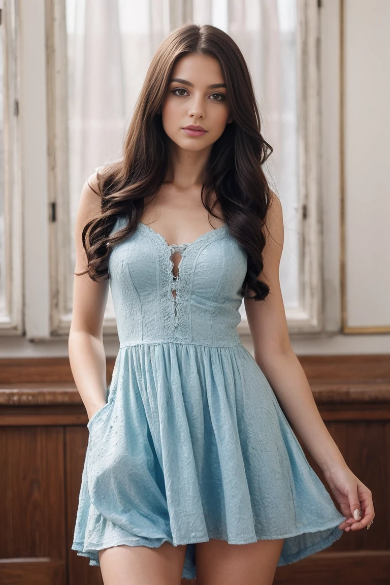 young brunette woman, beautiful eyes. long brown hair. Long dress in shiny light blue satin, Tights, 项链, transparent lip gloss, narrow building, Pretty, 2, Full body photo, long legs, Satin top, Sitting in a church and looking around, looks stunning. is enthusiastic. Beautiful shoes