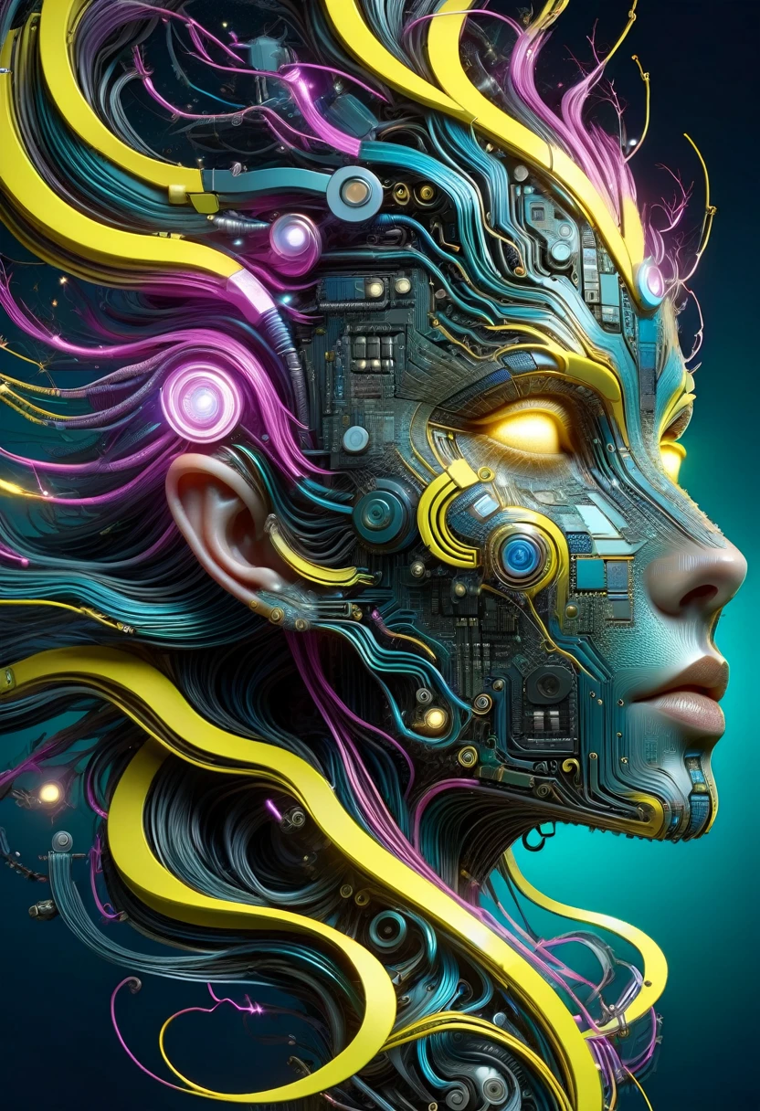 the head of a woman made of ral-semiconductor in the style of aaron horkey, in the style of alphonse mucha DonMW15pXL, neon yellow lightning, neon teal lightning, neon magenta lightning, floating, astral, (masterpiece:1.2), best quality, (hyperdetailed, highest detailed:1.2), high resolution textures