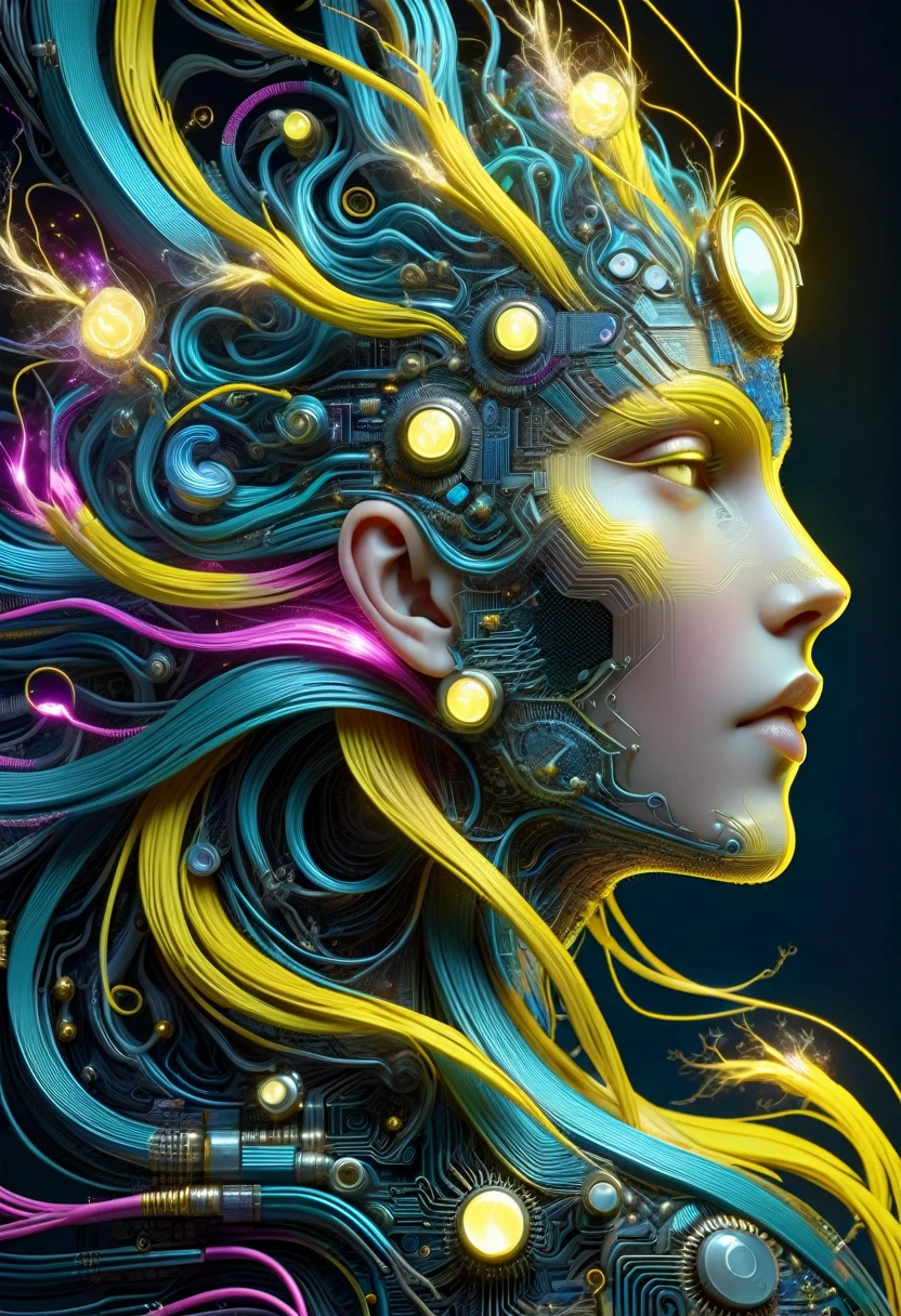 the head of a woman made of ral-semiconductor in the style of aaron horkey, in the style of alphonse mucha DonMW15pXL, neon yellow lightning, neon teal lightning, neon magenta lightning, floating, astral, (masterpiece:1.2), best quality, (hyperdetailed, highest detailed:1.2), high resolution textures