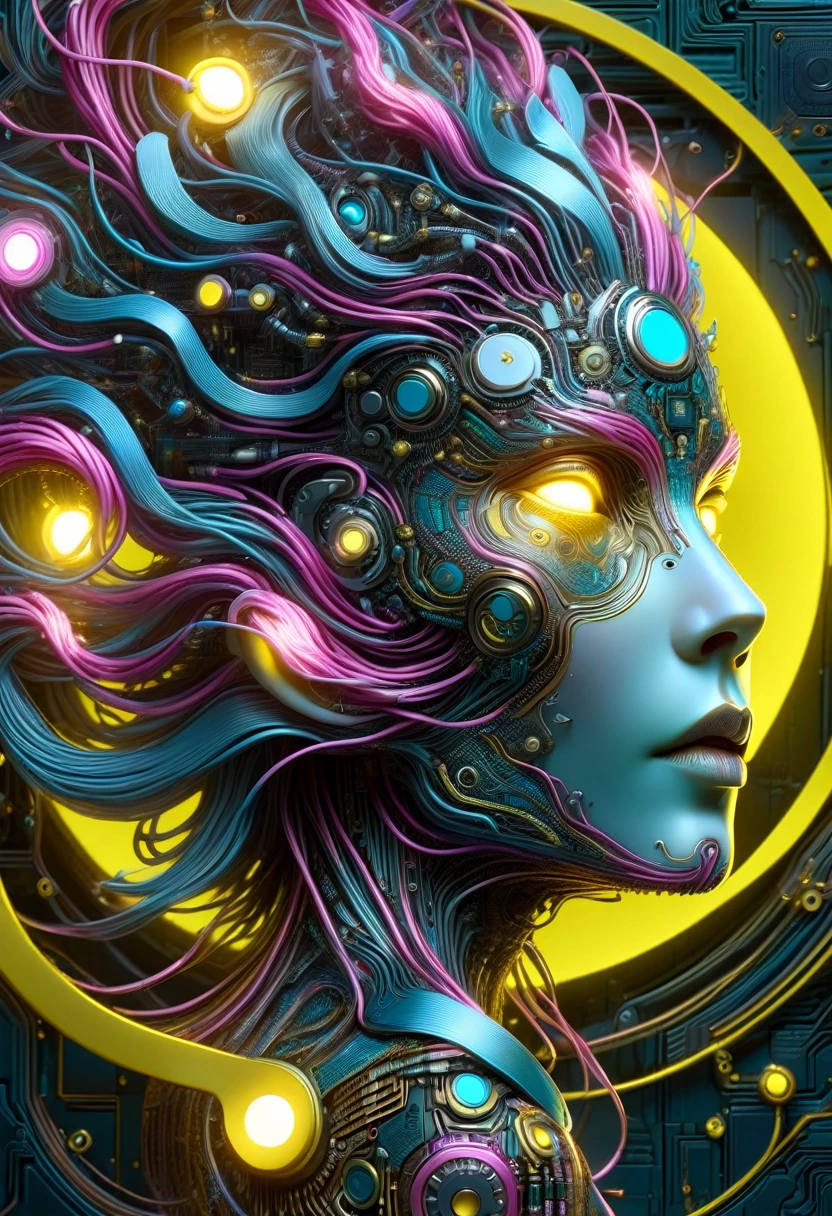 the head of a woman made of ral-semiconductor in the style of aaron horkey, in the style of alphonse mucha DonMW15pXL, neon yellow lightning, neon teal lightning, neon magenta lightning, floating, astral, (masterpiece:1.2), best quality, (hyperdetailed, highest detailed:1.2), high resolution textures