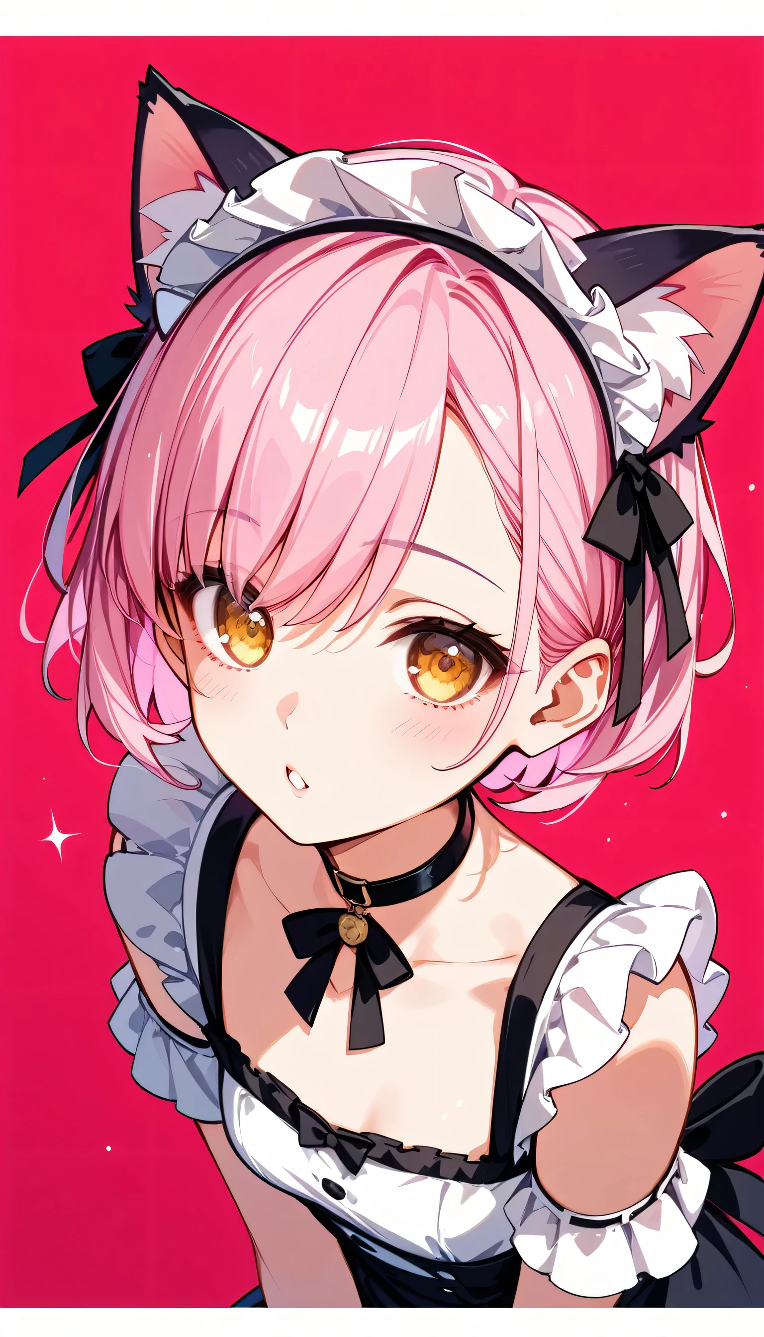 High image quality 、high quality、 one girl playing pranks、 pink hair、 short hair、 golden eyes、 small breasts、 cleavage、 simple background、Fisheye Lens、Shooting from above、 girl looking at camera 、 face up 、Looking up、 High Heels 、Cat ears、 maid clothes、 choker with small black ribbon、luxury chest