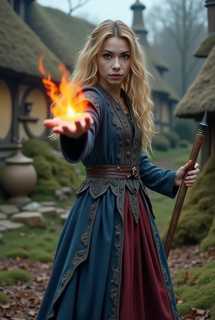 a beautiful sorceress with long blond hair dressed in a magical blue and grey and red robe casts a fireball in a dynamic battle pose against the background of a picturesque hobbit village, concentration, cold atmosphere, a bizarre mix of colors