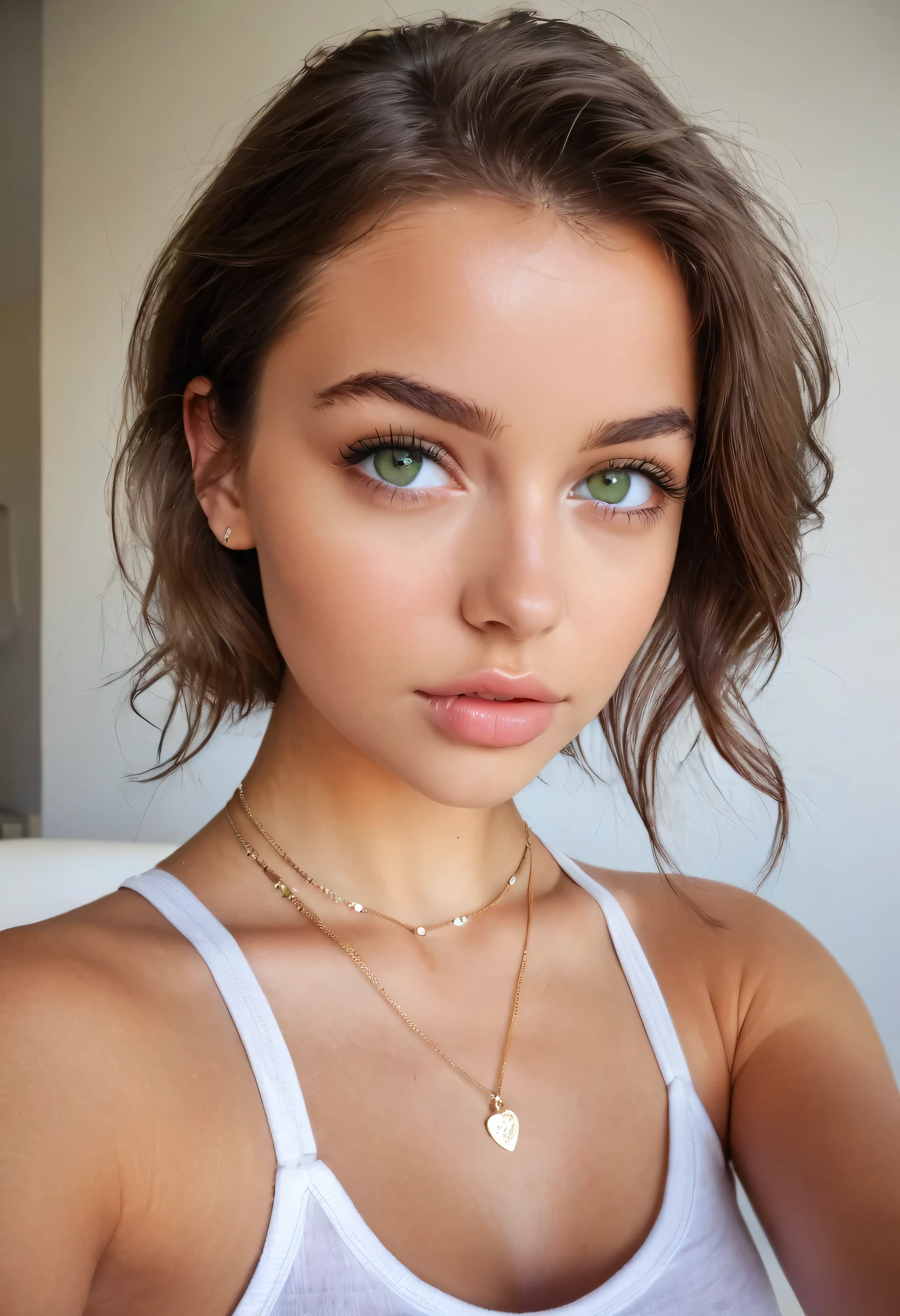 Femme française avec un débardeur blanc et un collier, fille sexy aux yeux verts,  portrait sophie mudd , cheveux bruns et grands yeux, selfie d'une jeune femme, Yeux de chambre, Violette Myers, sans maquillage, maquillage naturel, regardant directement la caméra, visage avec artgram, maquillage subtil, Superbe photo du ntier, aux yeux verts perçants, Bel angle, pose attrayante, fille mignonne, pose sexy, Image du ntier, ntier, Prise de vue du ntier, déesse brune, Détail élevé, pose satisfaite, Porter une jupe grise et des bottes, jupe, bottes