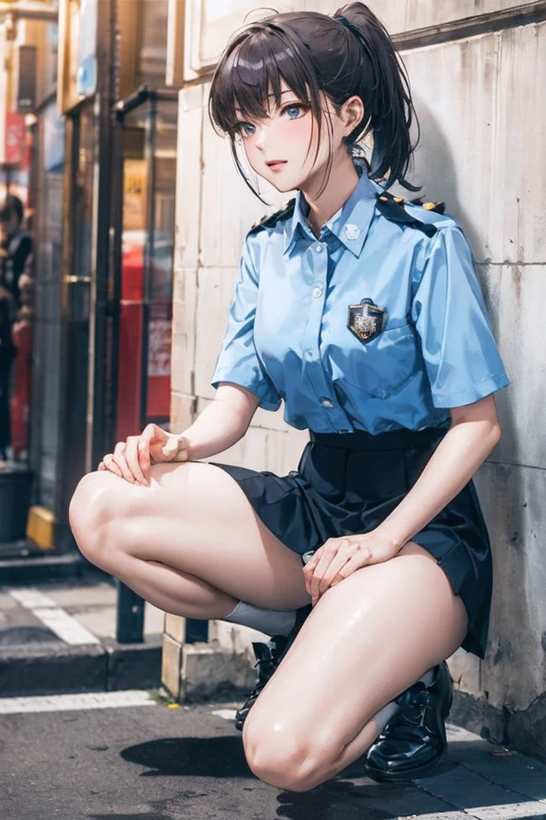 milf, spread legs, sitting on school toilet, arms behind head, naughty_face, from below,(masterpiece, highest quality:1.2),1 cowboy shot,girl,18 year old beauty、solo,ponytail hair,dark purple hair,slender body,skinny,medium breasts,oily skin,shiny skin,Police uniform、light blue shirt,Collared shirt、Short sleeve、Black mini skirt、Black panties、squatting,on street,Shibuya、Tokyo、