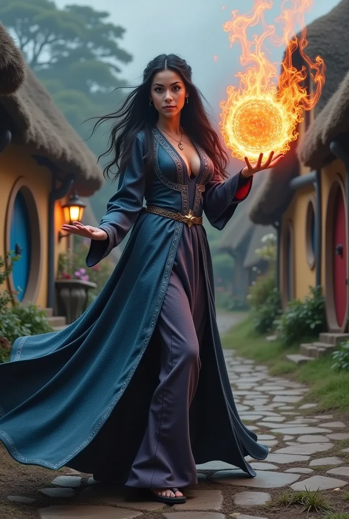 a beautiful sorceress with long black hair dressed in a magical blue and grey and red robe casts a fireball in a dynamic battle pose against the background of a picturesque hobbit village, concentration, cold atmosphere, a bizarre mix of colors