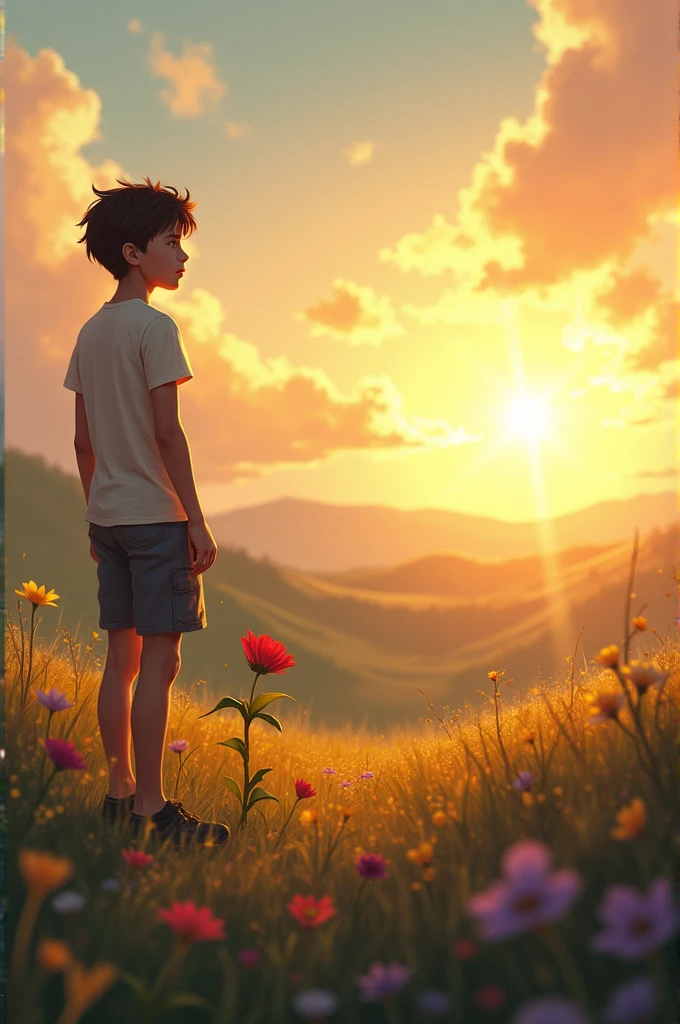 A boy holding a flower in front of sunset
