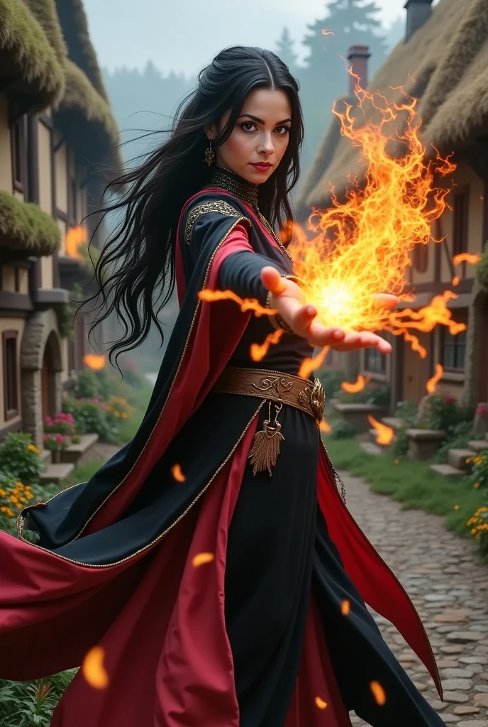 a beautiful sorceress with long black hair dressed in a magical black and red robe casts a fireball in a dynamic battle pose against the background of a picturesque hobbit village, concentration, cold atmosphere, a bizarre mix of colors