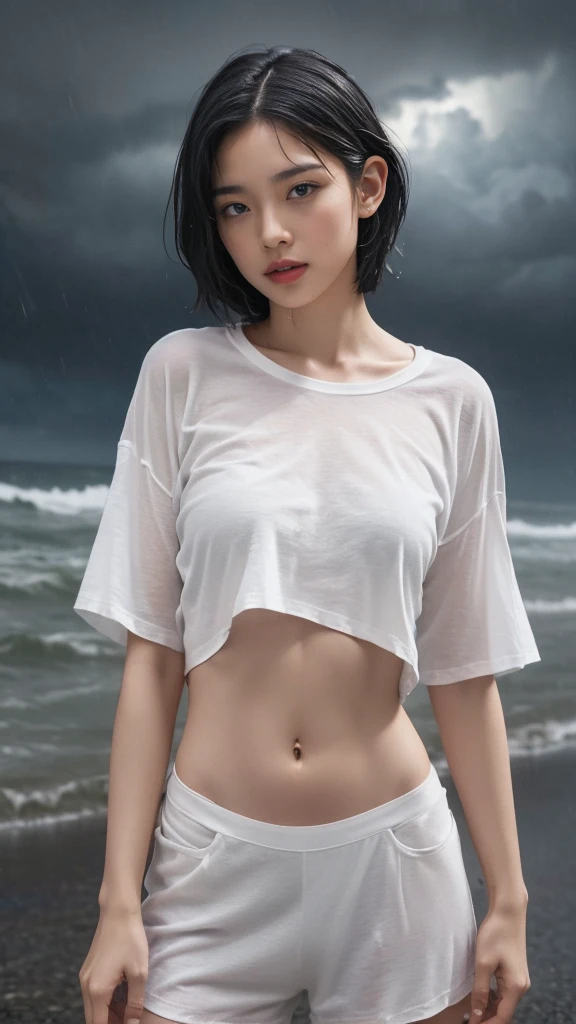 woman、Center parted hair、solo, (( due to abdominal pain)),  Kampala, masterpiece,  anatomically correct,  ultra-fine,  textured skin around the chest, (((My whole body is wet outside on a stormy heavy rainy night))), (( white t-shirt)),  short hair parted to the center、