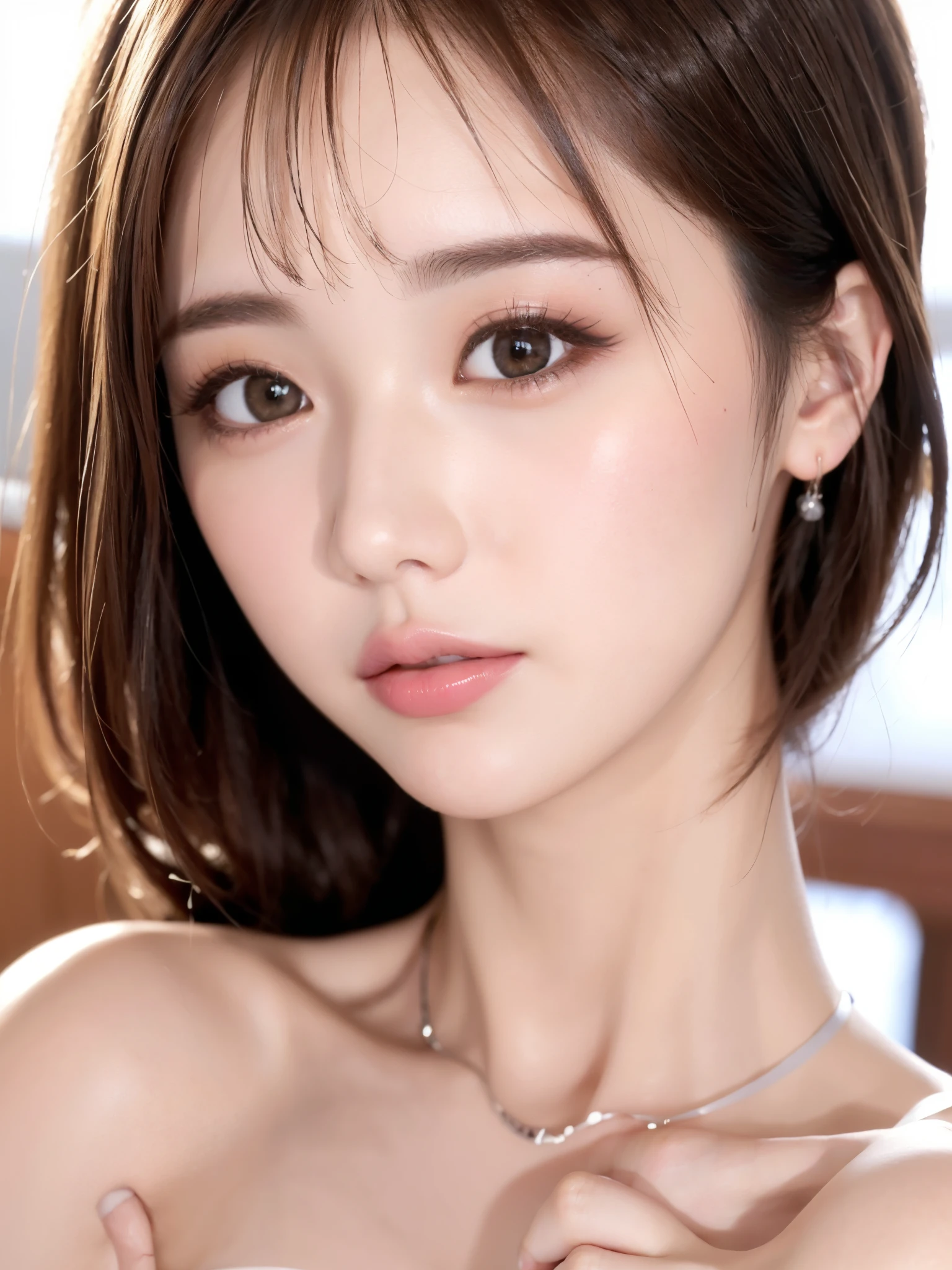 ((top-quality))、(Masseter muscle area:1.4)、Original photo、8k、(( Highest quality ))、 (( Kampala))、  beautiful face down to the smallest detail 、  Realistic Human Skin 、  depicting the entire human body、(One Woman:1.3 )、Realistic、 photorealistic、( very short hair with white bandage:1.4)、(Beautiful woman)、 very short hair with white bandage、( Cute Japanese Girl )、(( pretty woman))、(Beautiful Hair)、( dark brown hair )、(((Red cheeks)))、((Big Eyes))、20 year old beauty、(Small face:1.5)、Small head、((Long neck))、Pale skin、Spotless Skin、With bangs、Everyone admires、日本のBeautiful womanモデル、8 heads、( Necklace )、((Beauty Salon))、、 looking at the camera 、singer、Everyone respects her 、(There are some celebrities)、日本のBeautiful womanモデル、(Haircut Model:1.3)、(Hope of the Youth)、