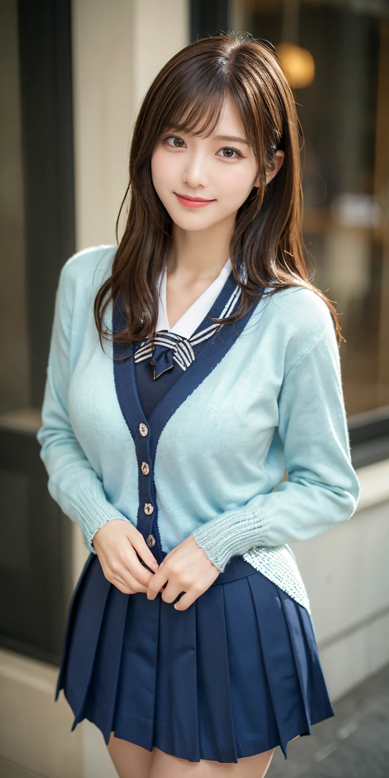 a closeup, masterpiece, top-quality, FULL ANATOMY、Raw foto, Photorealsitic、(Cute little face:1.6)、(Very cute smile:1.7)、(with round face:1.9)、(She looks like an idol and is cute:1.7), A dark-haired、(brightly colored school uniforms:1.6), depth of fields, hight resolution, ultra-detailliert, finely detail, ighly detailed, extremely detailed eye and face, Realistic pupils, foco nítido, Cinematic lighting、18-year-old woman、(One lady、独奏:1.8)、 (poneyTail、curlyhair)、Very detailed 8k wallpaper、Show me your whole body、Looking at the camera、(Too short plaid pleated skirt、I can see the white panties、Plump panties、Lift the hem of the skirt with both hands、Showing her panties to the camera:1.7)、(Pink Fishnet Stockings)、is standing、Angle from below、(Thigh close-up:1.6)、(Nice figure、big breasts thin waist)、(Clothes with emphasized chest bulge、Colossal tits:1.6)、depth of fields、Bokeh in the background
