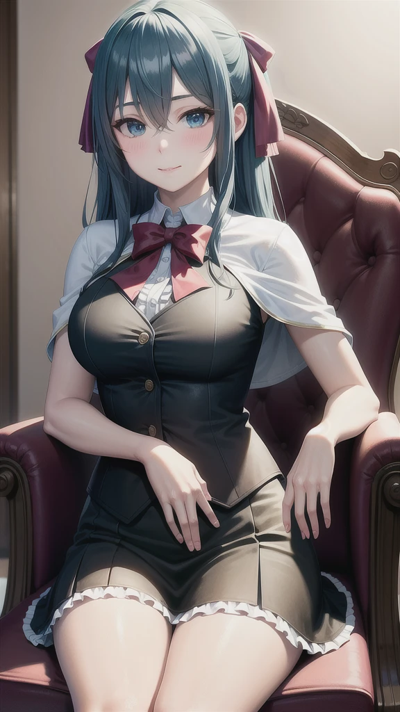 ((((masterpiece, extremely detailed, best quality)))), illustration, indoor, chair, (simple background), (cowboy shot), soft lighting, stylized, (liselottecretia), 1girl, blue hair, (long hair, hair between eyes, hair ribbon), blue eyes, (looking at viewer:1.2), (light smile), (blush:1.2), lower body, (white shirt, red bowtie, frills, brown vest, capelet, skirt), (large breasts:1.2), sitting, sitting on chair