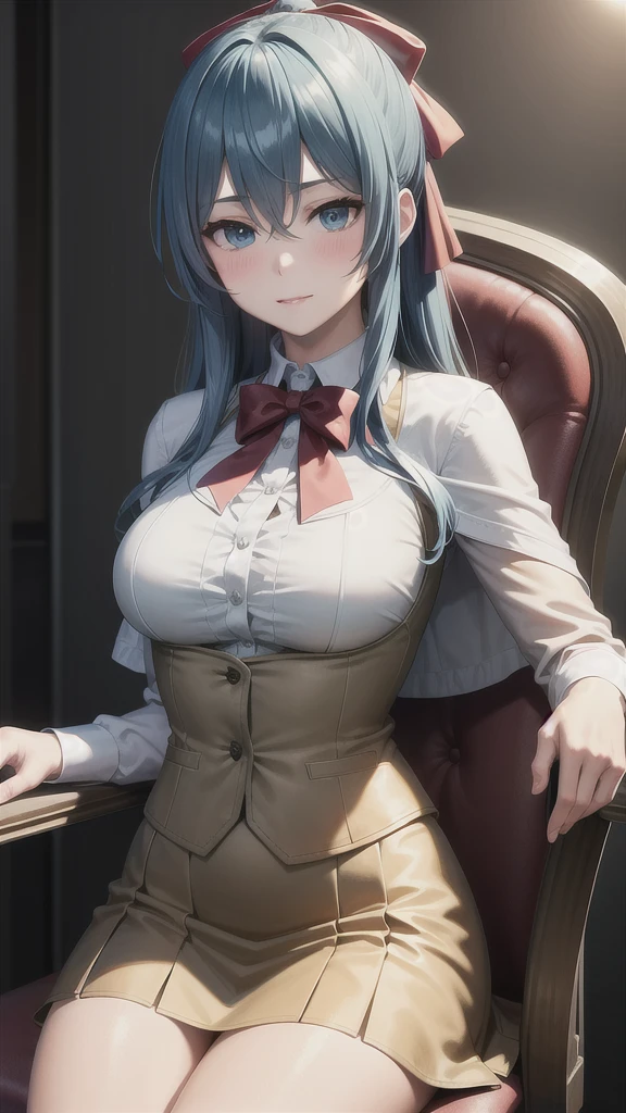 ((((masterpiece, extremely detailed, best quality)))), illustration, indoor, chair, (simple background), (cowboy shot), soft lighting, stylized, (liselottecretia), 1girl, blue hair, (long hair, hair between eyes, hair ribbon), blue eyes, (looking at viewer:1.2), (light smile), (blush:1.2), lower body, (white shirt, red bowtie, frills, brown vest, capelet, skirt), (large breasts:1.2), sitting, sitting on chair