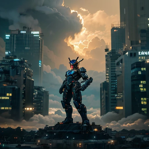 A highly detailed mecha robot holding a glowing weapon in an urban science fiction city surrounded by clouds and glowing buildings, realistic, 8k, ultra-detailed, masterpiece, dramatic lighting, volumetric lighting, hyper-realistic, photorealistic, cinematic composition, award-winning digital art