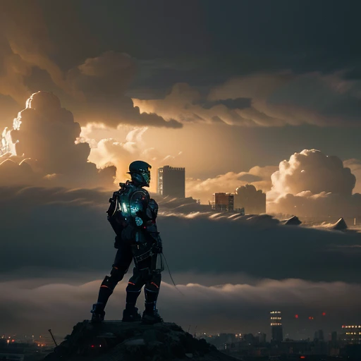 A highly detailed mecha robot holding a glowing weapon in an urban science fiction city surrounded by clouds and glowing buildings, realistic, 8k, ultra-detailed, masterpiece, dramatic lighting, volumetric lighting, hyper-realistic, photorealistic, cinematic composition, award-winning digital art