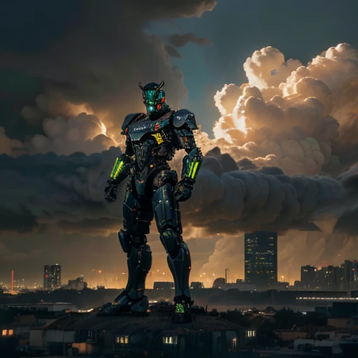 A highly detailed mecha robot holding a glowing weapon in an urban science fiction city surrounded by clouds and glowing buildings, realistic, 8k, ultra-detailed, masterpiece, dramatic lighting, volumetric lighting, hyper-realistic, photorealistic, cinematic composition, award-winning digital art