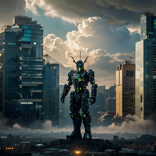 A highly detailed mecha robot holding a glowing weapon in an urban science fiction city surrounded by clouds and glowing buildings, realistic, 8k, ultra-detailed, masterpiece, dramatic lighting, volumetric lighting, hyper-realistic, photorealistic, cinematic composition, award-winning digital art