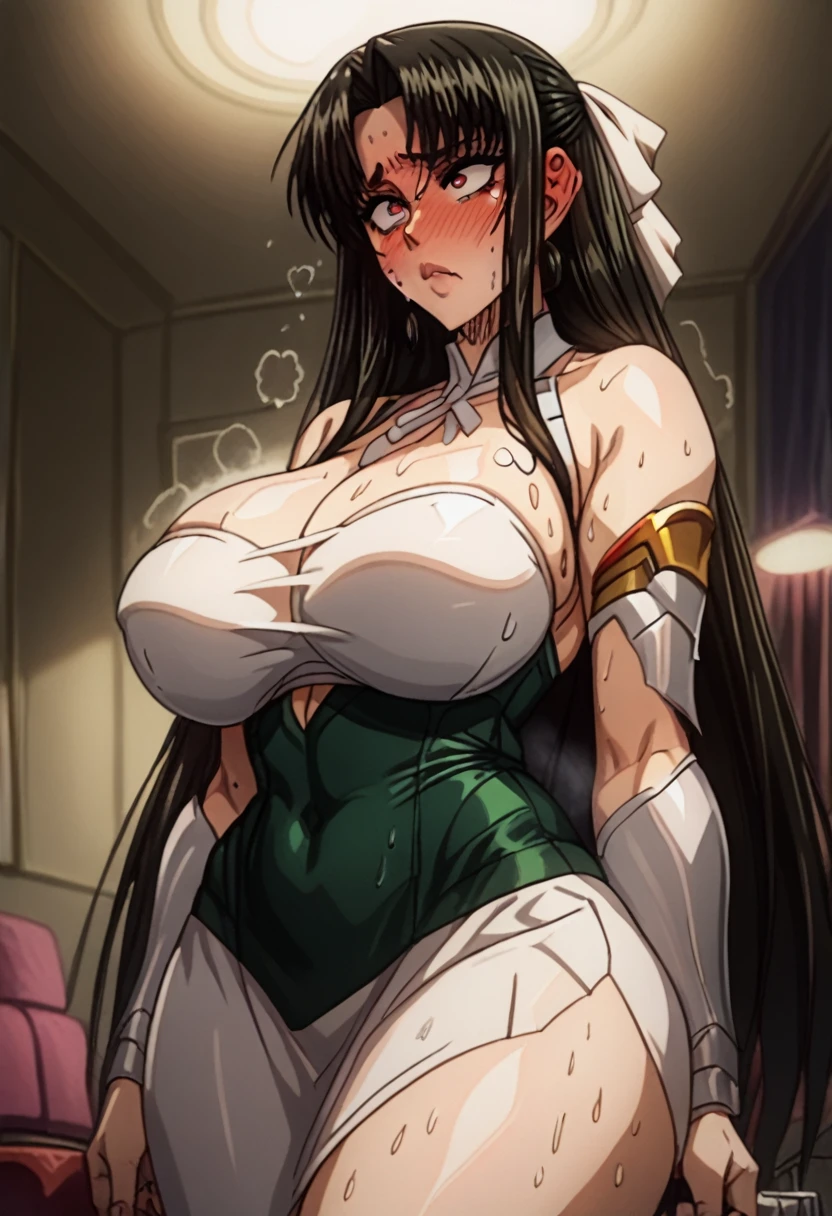 ((sexy girl))nsfw, blushing, flushed face, huge breasts, long hair, (chigusa nana:1.3), dark room, netorare, white ribbon, netorare, (sweat), sweating, long hair, standing, courtesan dress, indoors, clothed, voluptuous, (taimanin asagi), modern brothel, ((prostitute)), standing, nice hips, solo,