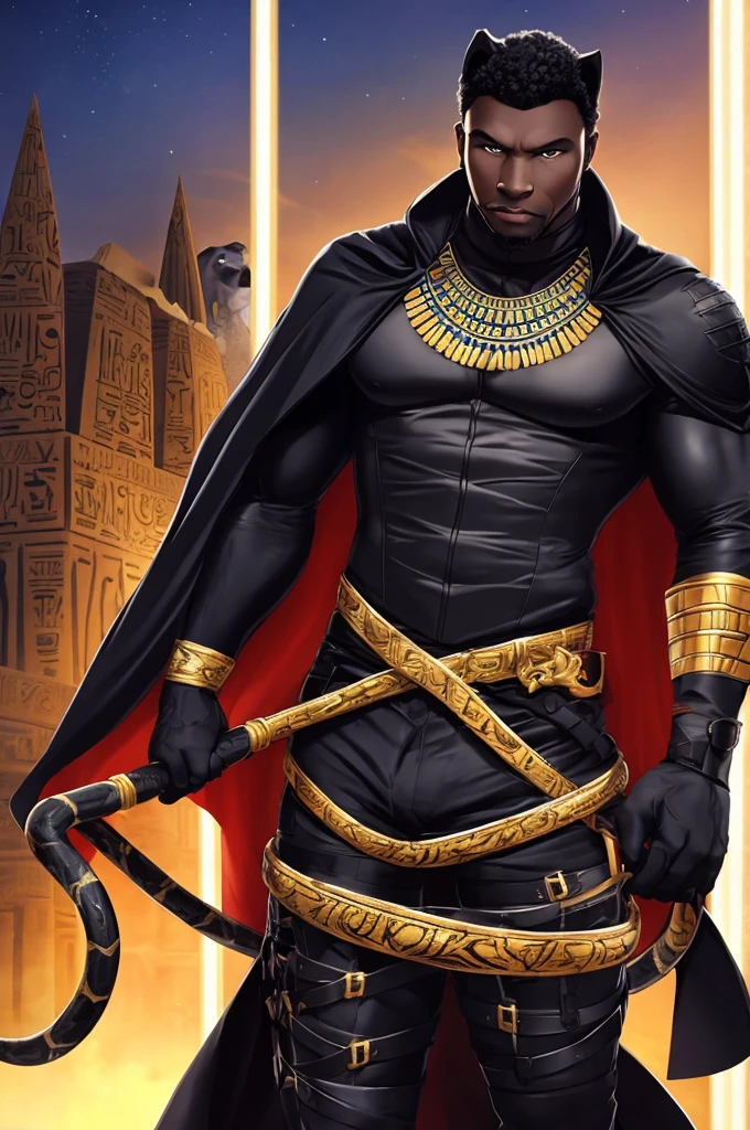 Male Anthro Black panther, with long, luscious Black hair and a Bara, Muscular, buff, veiny body with Blue Feline eyes and his hair IS mostly decorate with gold acessóries that make his curls look like snakes, He is wearing a black coat as a cape on one shoulder, having a set of belts as a corset, beneath the bells is a black suit with a white shirt underneath as a black tie, also put long black pants ane leather boots, also add decorations that make reference to ankhas and the egypt