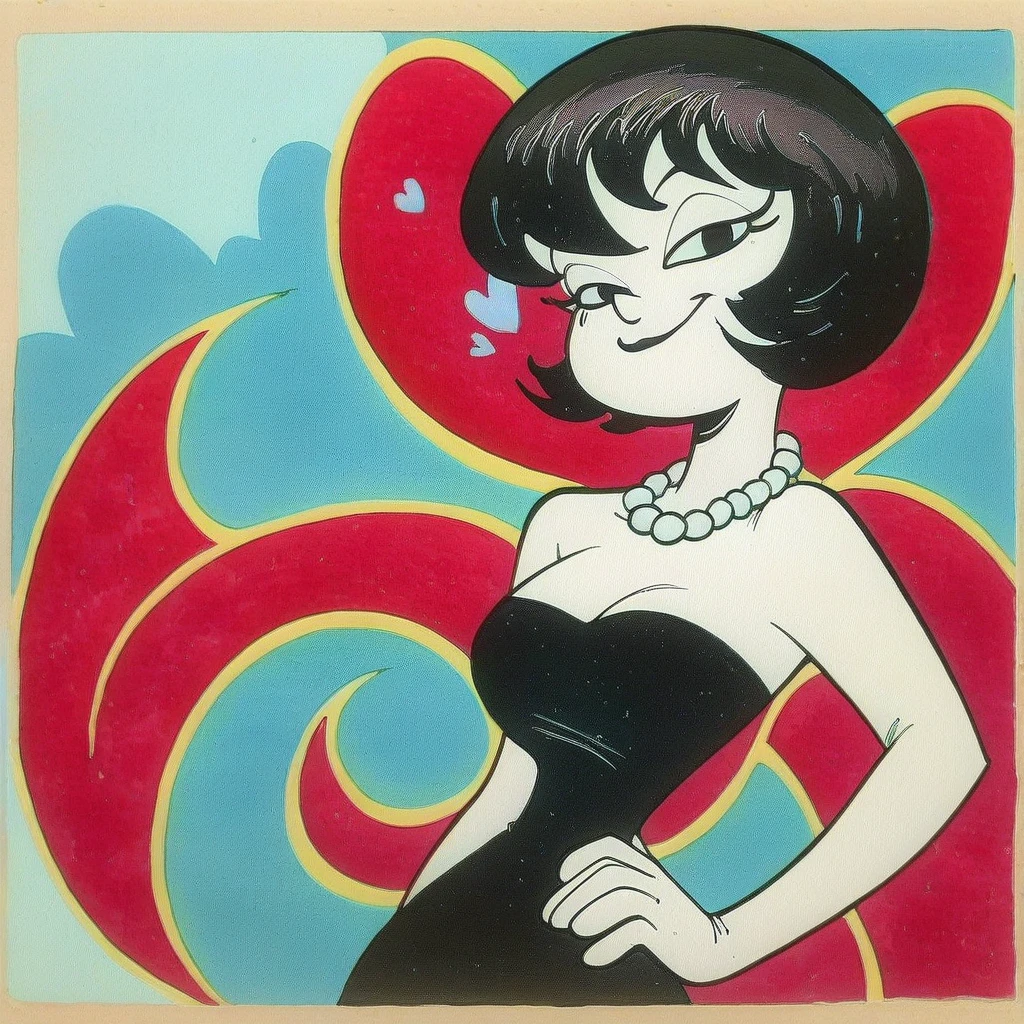 Jucika, traditional media, black eyes, black hair, short hair, flat color, solid color, white skin, zPDXL, best quality, amazing quality, score 9, 1girl, collarbone, strapless black tube dress, pearl necklace, hand on hip, looking at viewer, half-closed eyes, heart and colorful abstract background, seductive smile