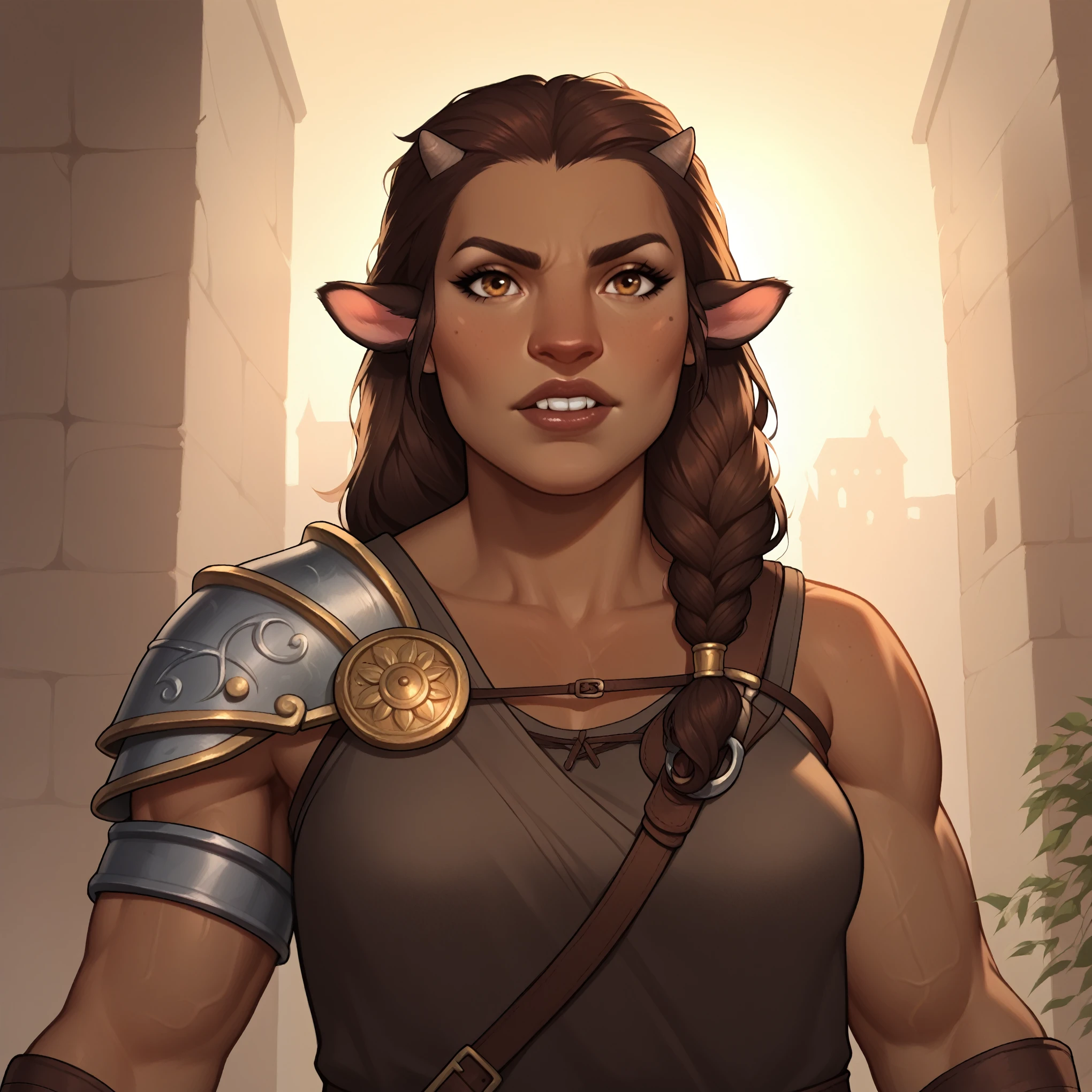 (((beautiful, high quality, comics style, detailed face))), score_9, score_8_up, score_7_up, BREAK, 1girl, Firbolg, furry, big nose, animal ears, small horns, brown skin, muscular, large build, gladiator, solo, portrait, upper body, portrait, serious expression, bearing teeth, greek city background, fantasy, (dynamic lighting:1.1) ((masterpiece))