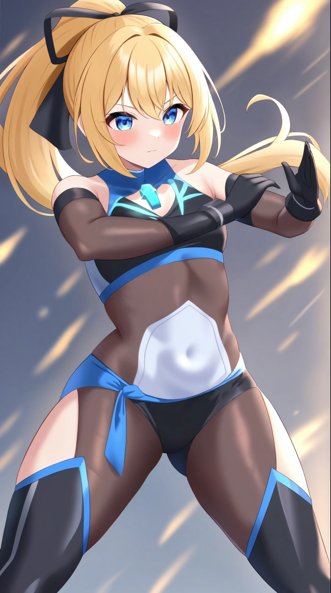 best quality,female,solo,bodysuit,blue chest jewel,(black tube_top),high thigh boots,elbow gloves,blue trim clothes, blonde hair, ponytail hair, blue eyes,hair_ribbon,black ribbon,swim pant,body stocking,standing,fighting stance,