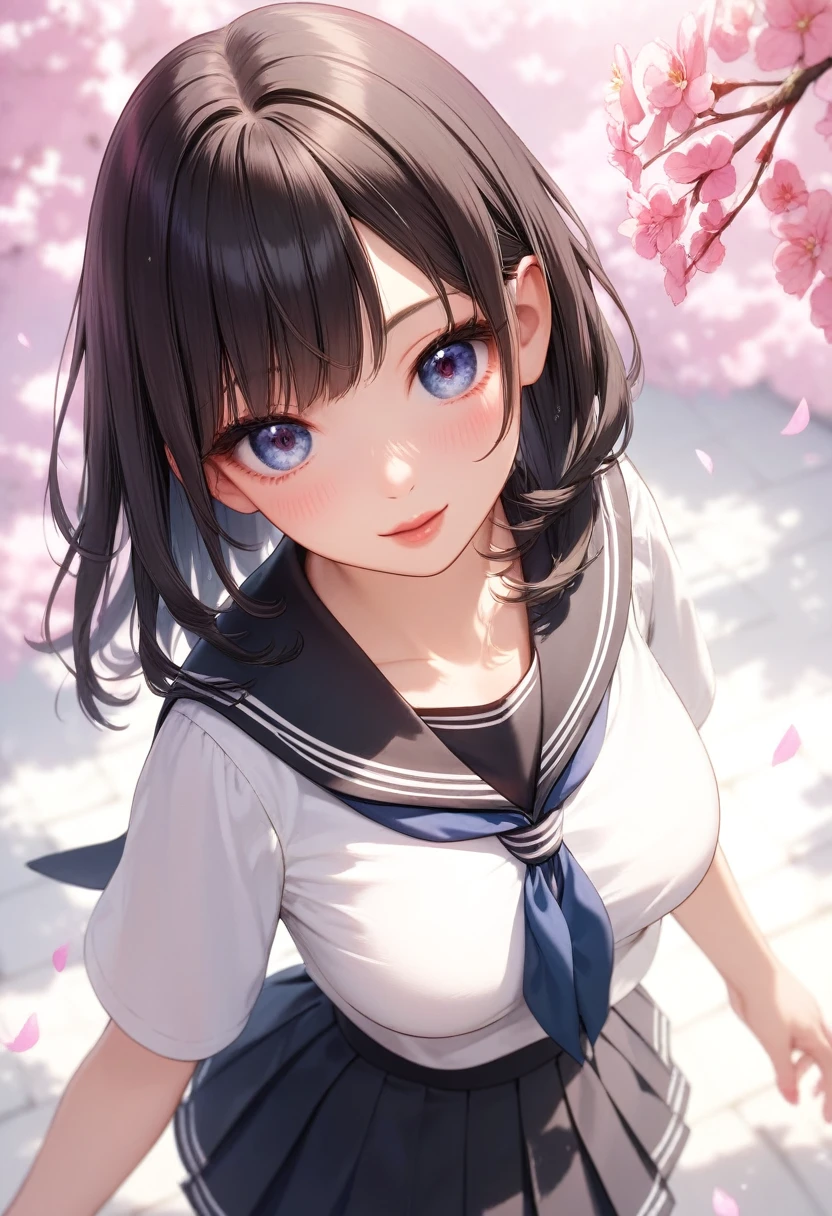 (masterpiece), school, cherry blossoms, outdoors, 1girl, serafuku, medium hair, black hair, smile, big breasts, light particles, dappled sunlight,shy,blushing