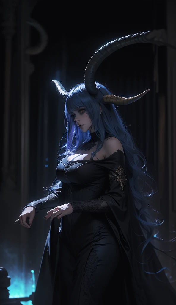 (Masterpiece, Top Quality, Best Quality, Official Art, Beauty and Aesthetics: 1.2), (1girl: 1.3), (Fractal Art: 1.3), Vibrant Aqua light Blue Eyes, Medium Hair with Tassels,  long sideburns , Nude Midpart, ((( the hellish demon emperor ,  long goat horns ,  heavy look ,  round breasts with neckline , Thicc thighs ))),  claw-long nails ,  demon ears ,  completely dark scenery ,  where her eyes shine in pitch black, full body, high jump, MACABRE, sombrio, dark, terror, Horror