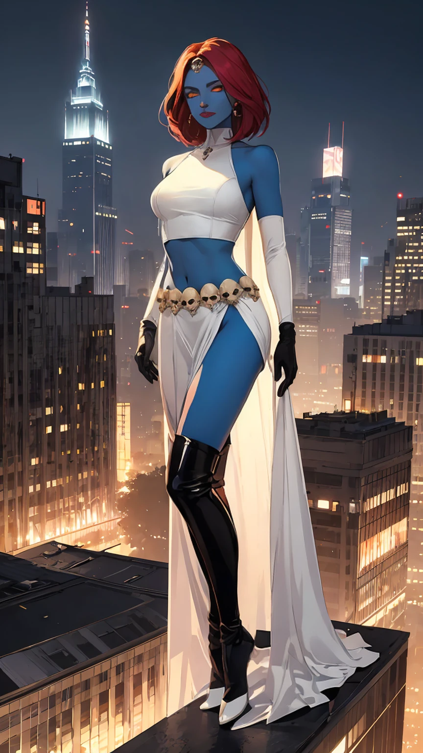 ((photo by full body, standing, Feet on the ground))(Highly quality, masterpiece, detailed), night city detailed scenario, night city detailed background, 20 years old girl, solo, mystique, yellow sclera, blue skin, forehead jewel, elbow gloves, white gloves, lipstick, dress, pelvic curtain, thigh boots, belt, sitting on top of a building, skull, no pupils, evil smile, crop top, colored skin, navel, perfect face, beautiful eyes, perfect eyes, looking at the viewer, Sexy pose