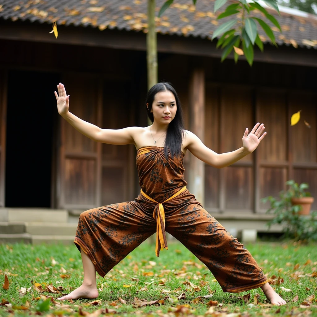 Wide aspect ratio, realistic photo of a young Indonesian woman, wearing Sarong dress. She is practicing martial arts, standing in a strong horse stance with a solid form, leaves flying around, in the front yard of a wooden house in a village, looking side, serious expressions, diagonal angle, dynamic composition, She is focused on practicing martial arts. Her feet are firmly planted in a strong horse stance, her muscles taut and well-defined, embodying strength and stability. Her expression is concentrated—eyes narrowed, brows slightly furrowed with determination. As she moves into the next movement, her breathing is steady and deliberate, reflecting a deep connection to the art she practices.