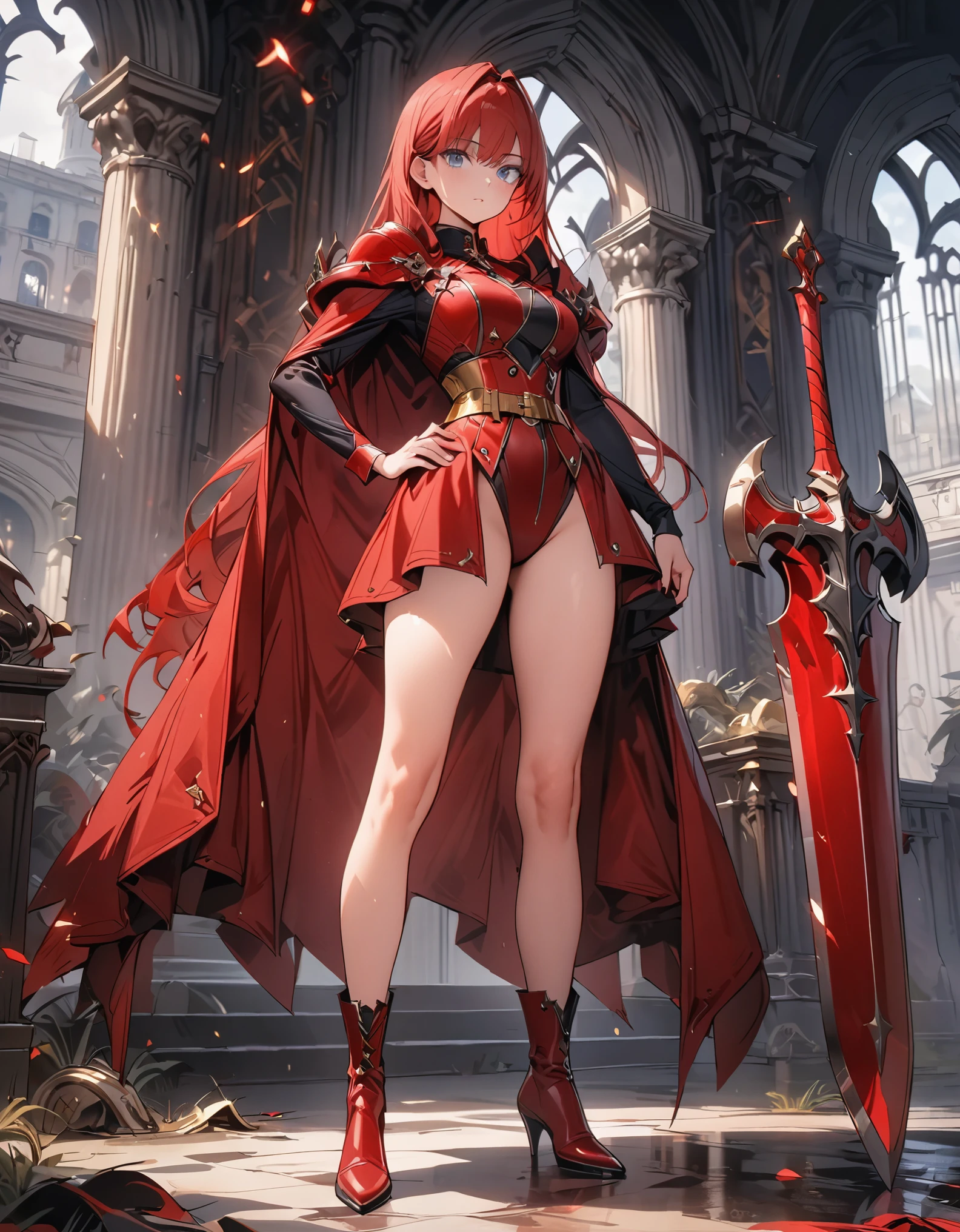 masterpiece, best quality, highres, 8k, solo female knight, mansion, red cape, long straight red hair, medium breasts, standing, dark blue eyes, full body costume design, princess, (red leotard:1.2, bare legs, red boots:1.2), worn armor, using red sword, (high-waisted belt:1.2, gold belt:1.4), gold pauldrons, beautiful face, beautiful detailed eyes, one hand on hip, outdoors