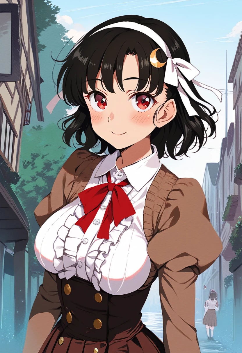 score_9,score_8_up,score_7_up,score_6_up BREAK official art,solo,outdoors,upper body,(portrait:1.5),looking at viewer,facing viewer,smile,blush,Takahashi Yuuka,medium hair,black hair,crescent hair ornament,white hairband,hair ribbon,white ribbon,bangs,red eyes,school uniform,suspender dress,brown dress,short dress,frilled dress,buttons,red bowtie,white shirt,collared shirt,center frills,long sleeves,puffy sleeves,juliet sleeves,white gloves,large breasts,underbust,pleated skirt,brown pantyhose,loafers,