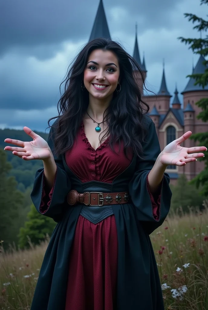 masterpiece photo of a dark-haired full-length woman with green eyes dressed as mage actively says something while gesticulating, a cheerful facial expression, blush, interesting dynamic pose, against the background of college of magic, a rich blue-purple sky with clouds, a lot of vegetation, bright colors, intricate bizarre color combinations